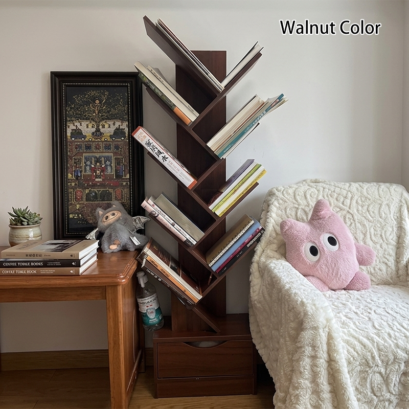 Tree Bookshelf with Drawer | Walnut or Natural, 6 to 12 Tiers
