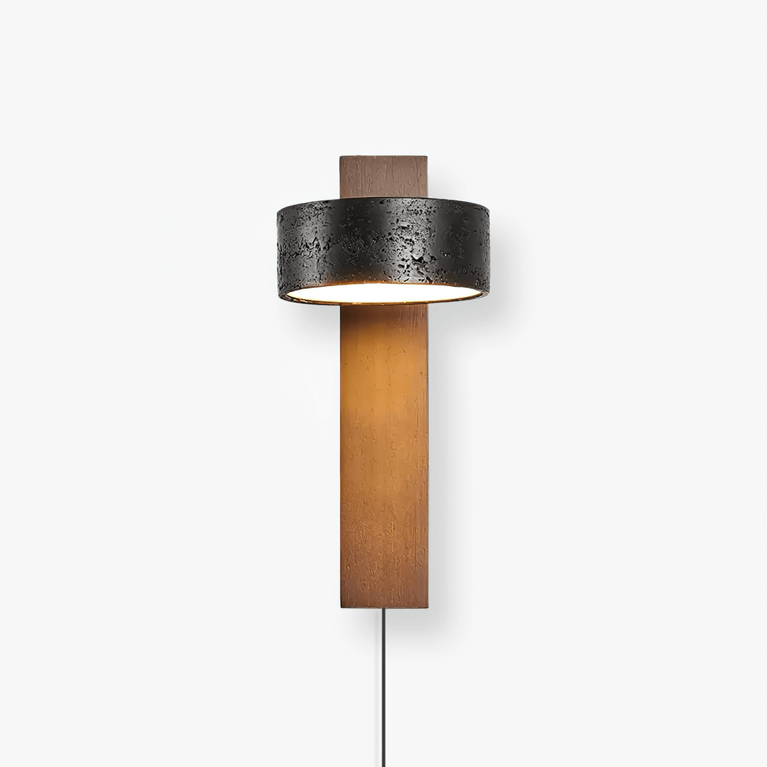 Black Travertine Disc Plug-in Wall Light | Walnut Base, LED
