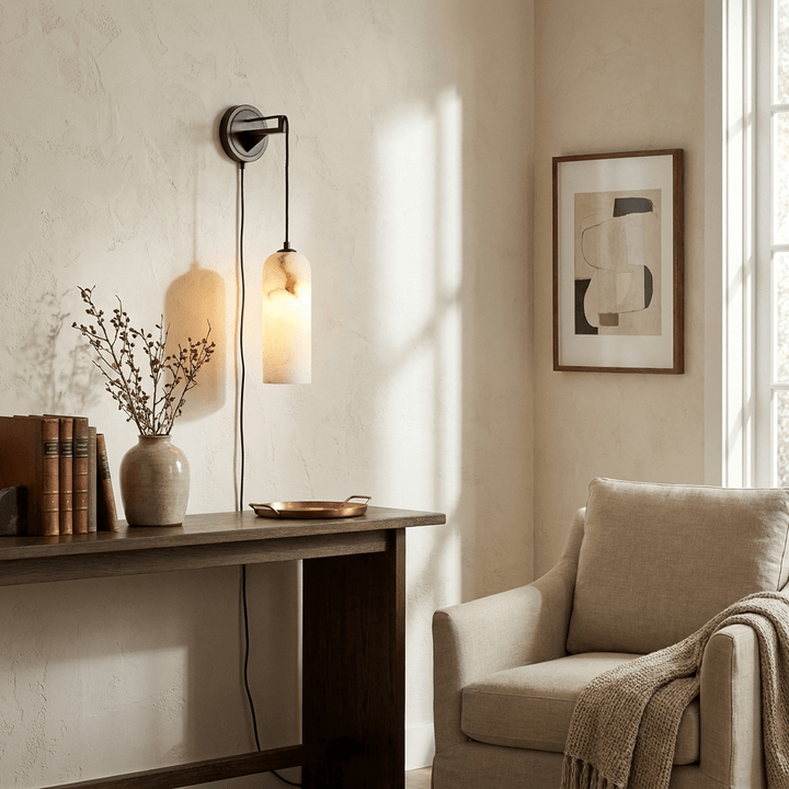 Plug-in Alabaster Wall Light | Braided Cord, E14