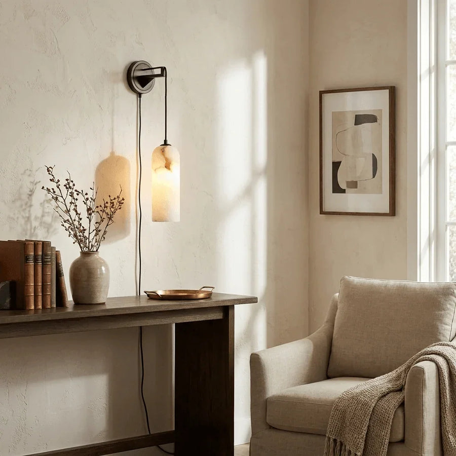 Plug-in Alabaster Wall Light | Braided Cord, E14