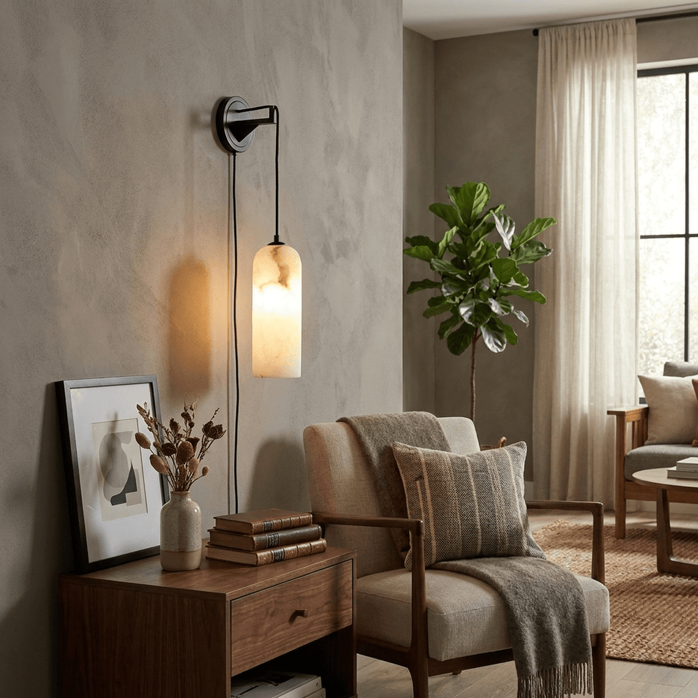 Plug-in Alabaster Wall Light | Braided Cord, E14