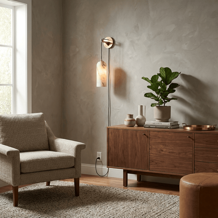 Plug-in Alabaster Wall Light | Braided Cord, E14