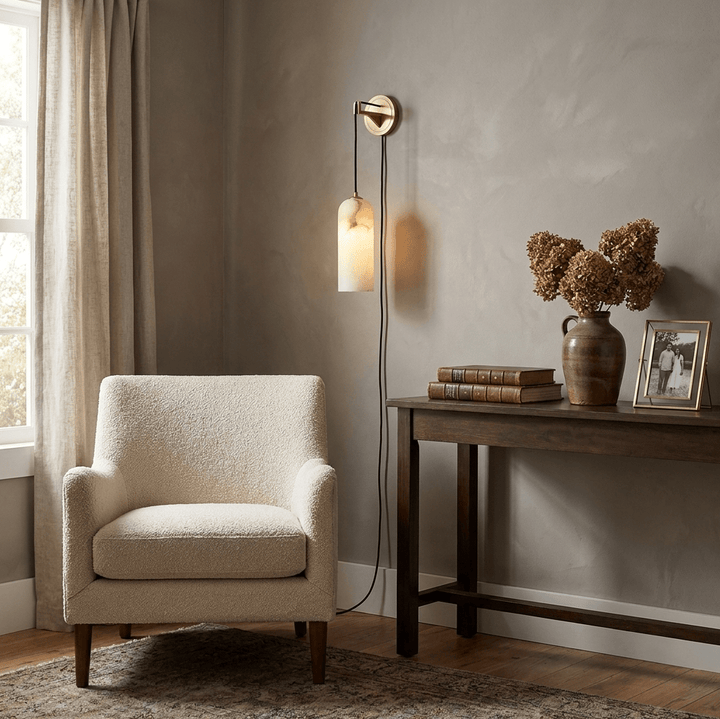 Plug-in Alabaster Wall Light | Braided Cord, E14