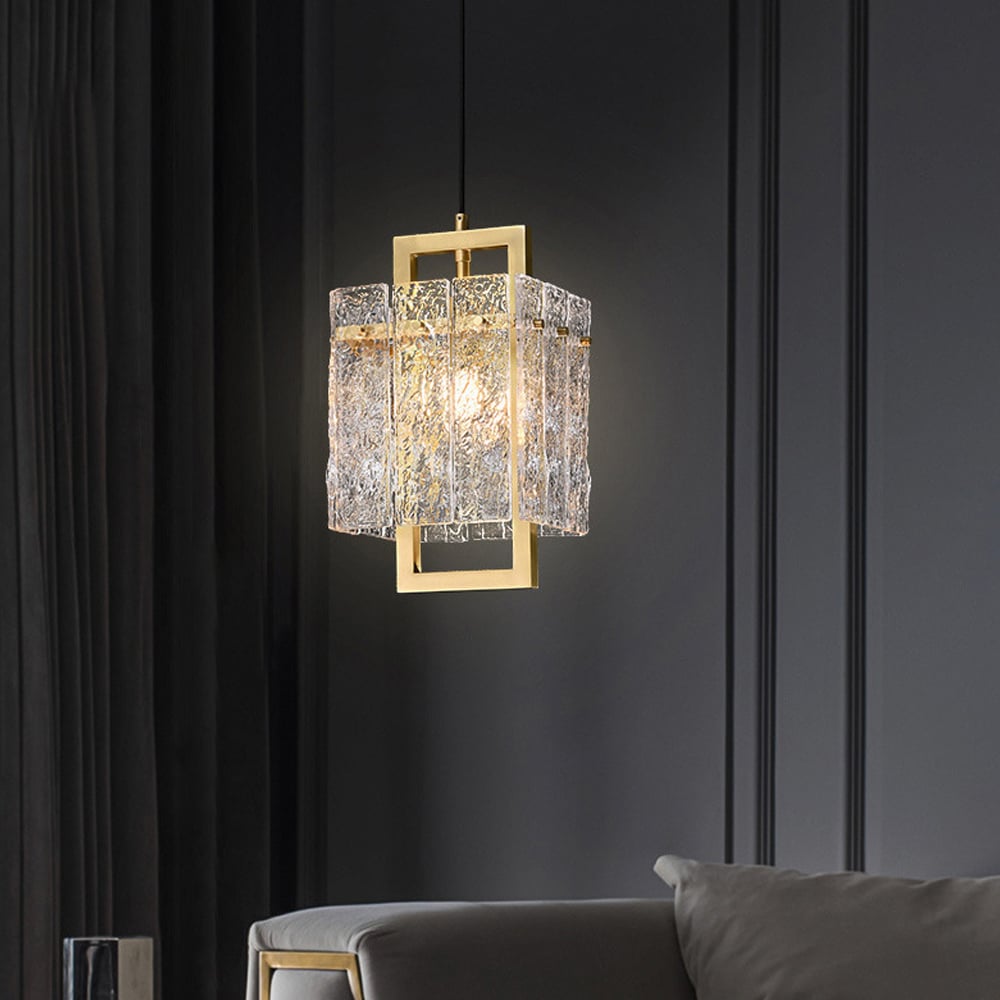 Brass Geometric Pendant Light with Water-Ripple Glass