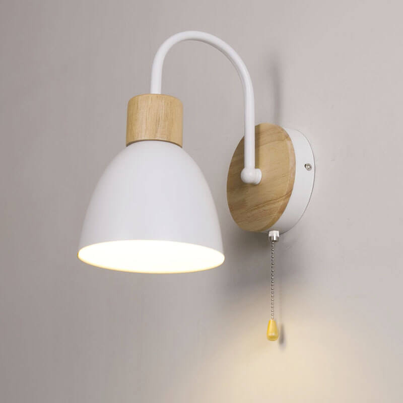 Swan-Neck Wall Light | Wood and Metal, Pull Cord, 12 Colours