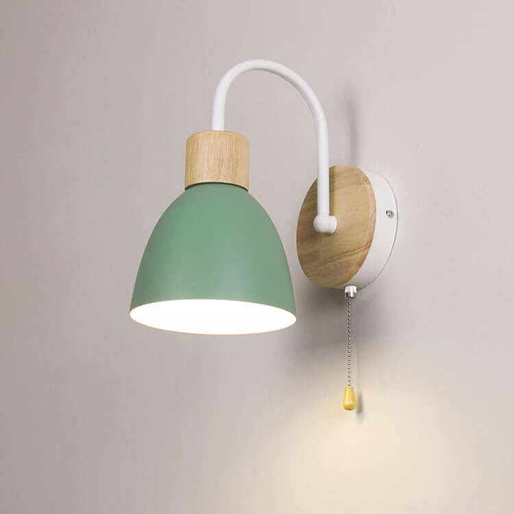 Swan-Neck Wall Light | Wood and Metal, Pull Cord, 12 Colours