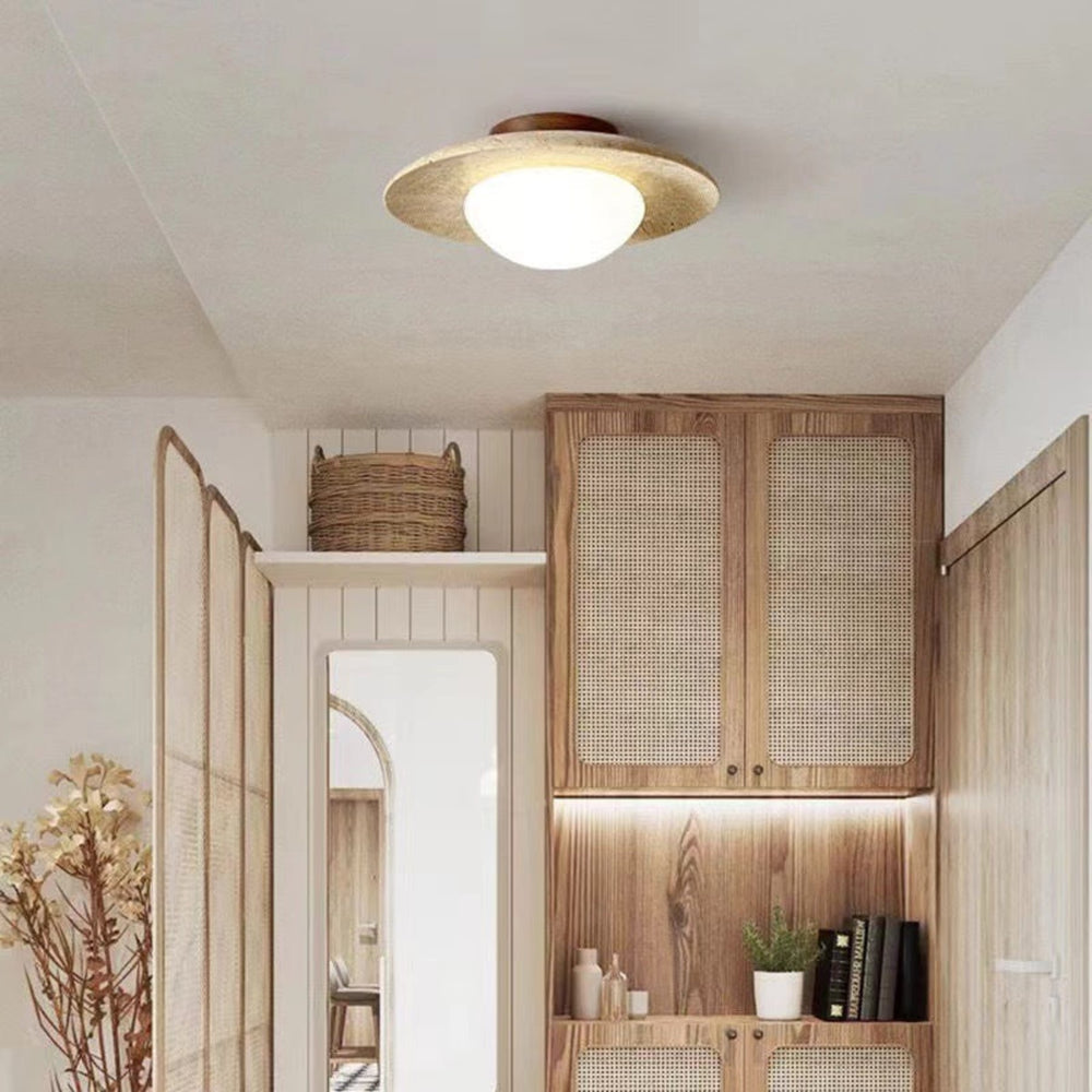 Travertine and Walnut Ceiling Light | Opal Dome, 25 cm