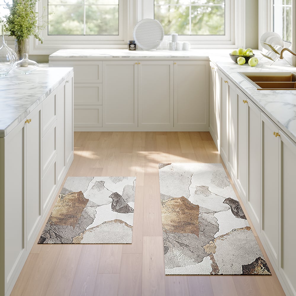 Gold Abstract Non-Slip Kitchen Runner Mats, Set of 2
