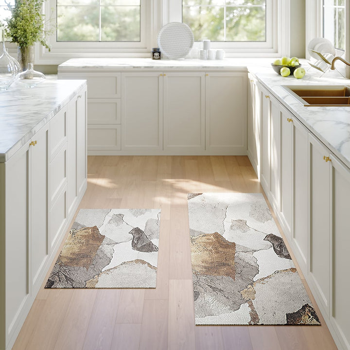 Gold Abstract Non-Slip Kitchen Runner Mats, Set of 2