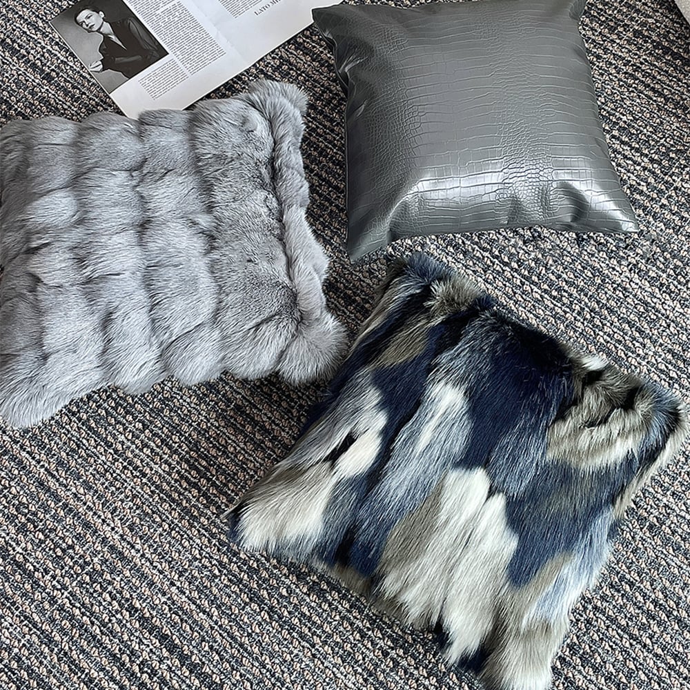 Faux Fur and Velvet Cushion Cover in Blue and Grey