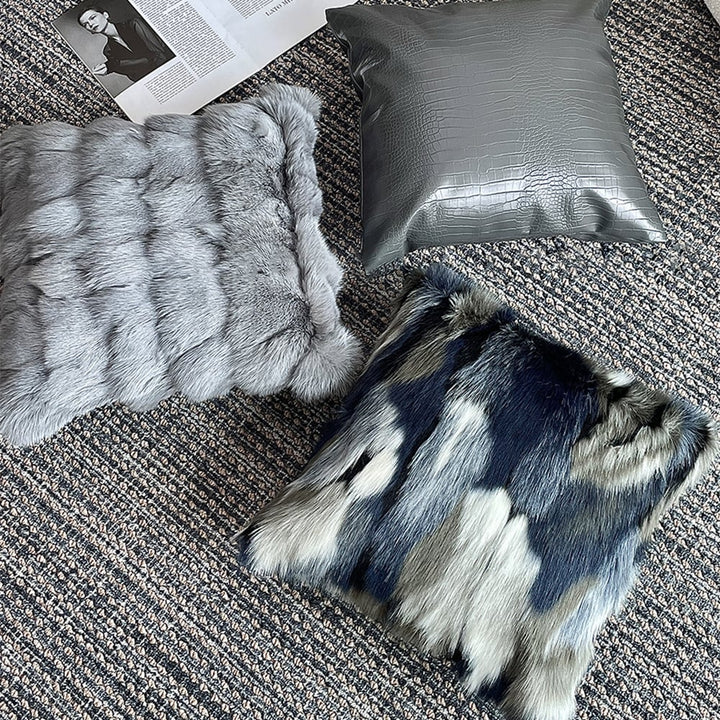 Faux Fur and Velvet Cushion Cover in Blue and Grey