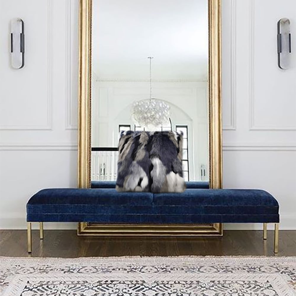 Faux Fur and Velvet Cushion Cover in Blue and Grey