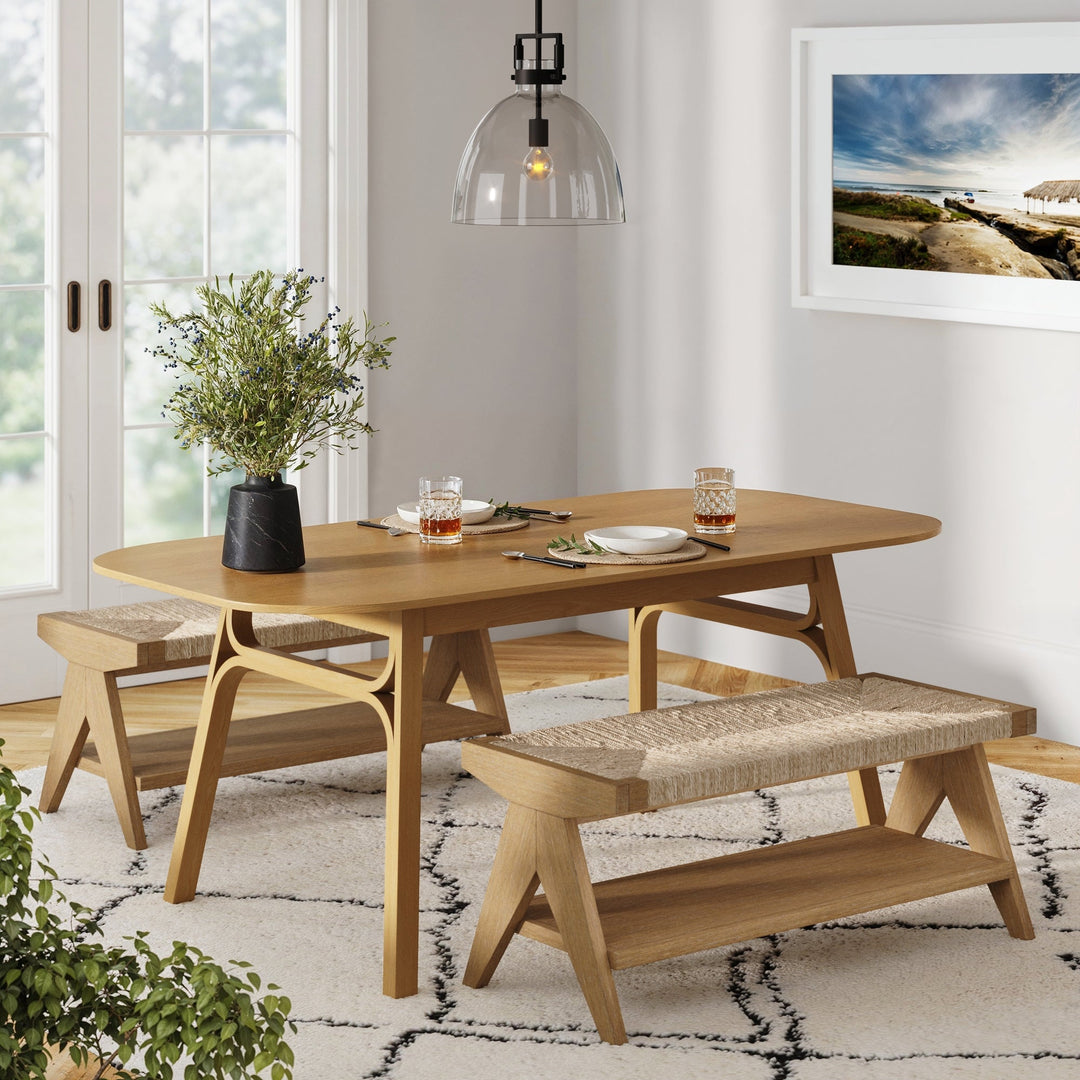 Wood & Seagrass Entryway Bench with Shelf