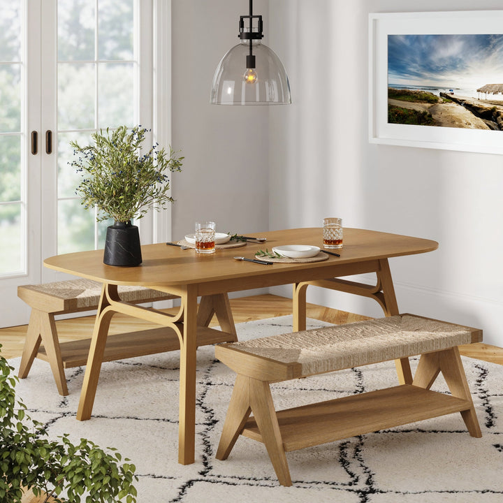 Wood & Seagrass Entryway Bench with Shelf