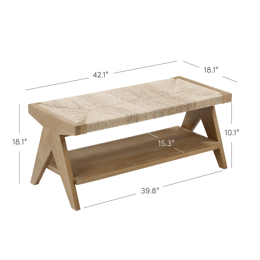 Wood & Seagrass Entryway Bench with Shelf