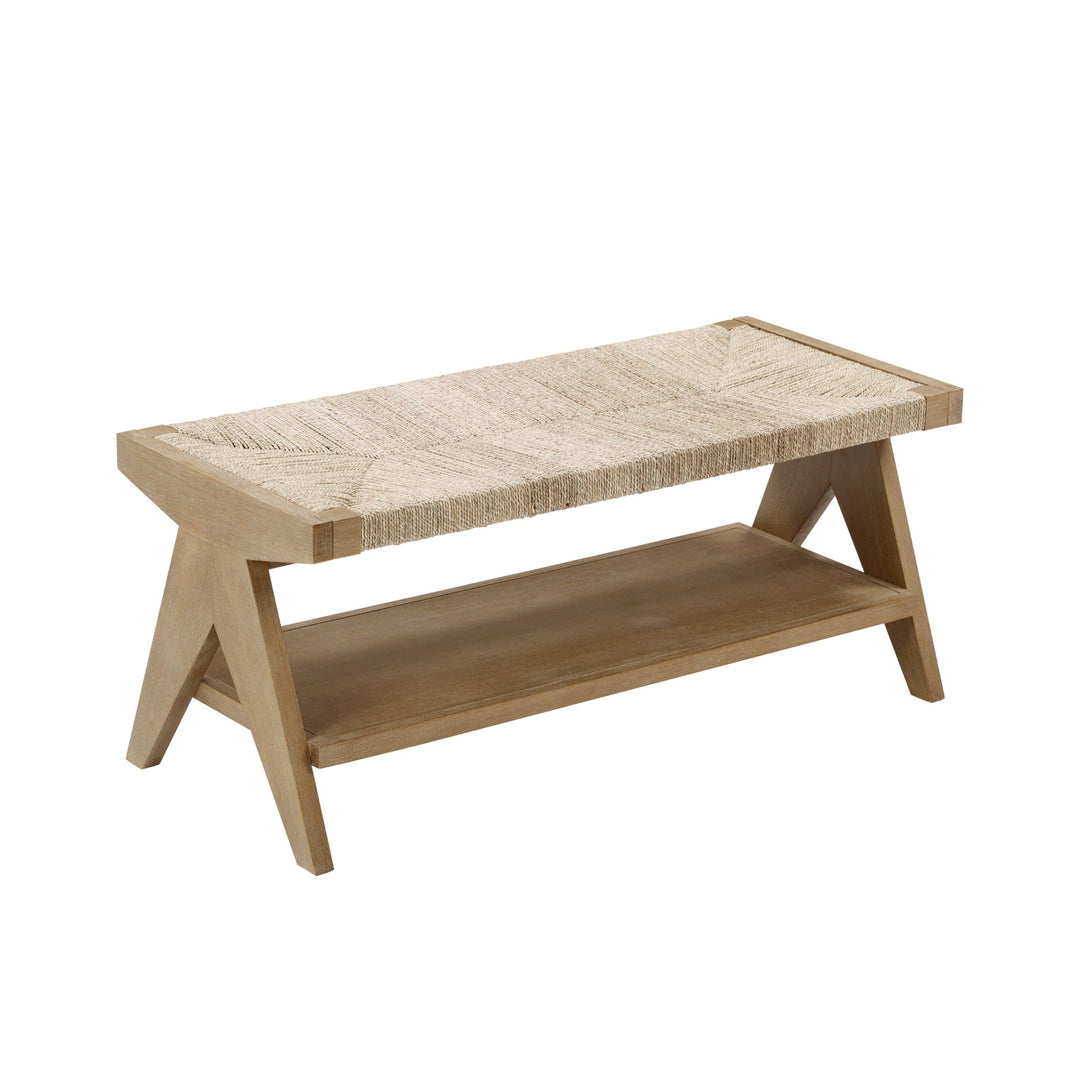 Wood & Seagrass Entryway Bench with Shelf