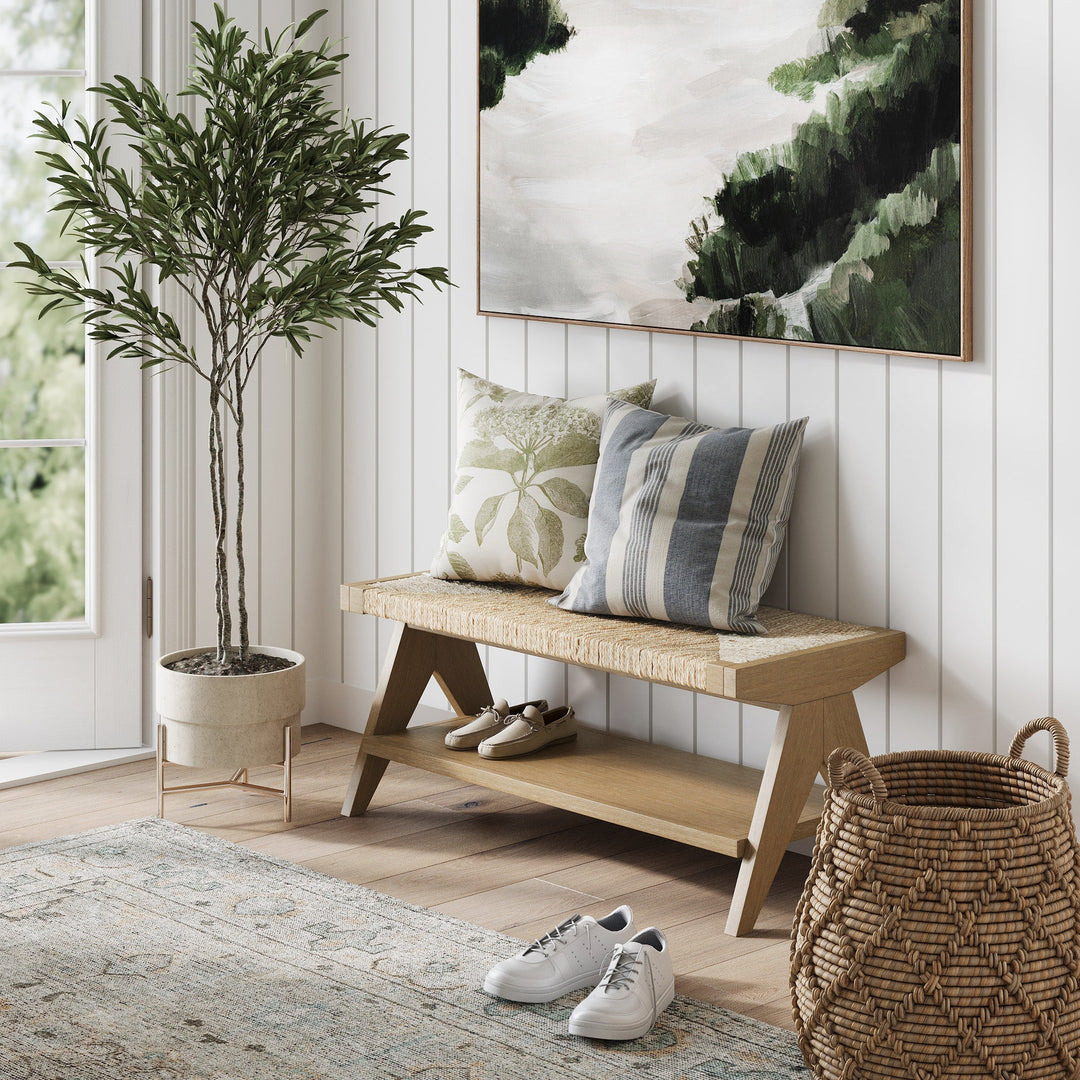Wood & Seagrass Entryway Bench with Shelf
