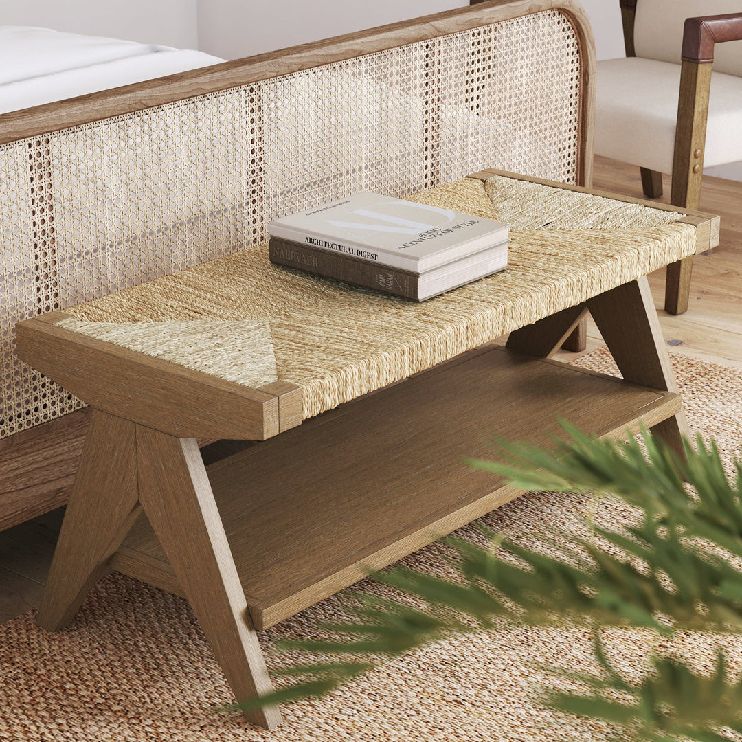 Wood & Seagrass Entryway Bench with Shelf