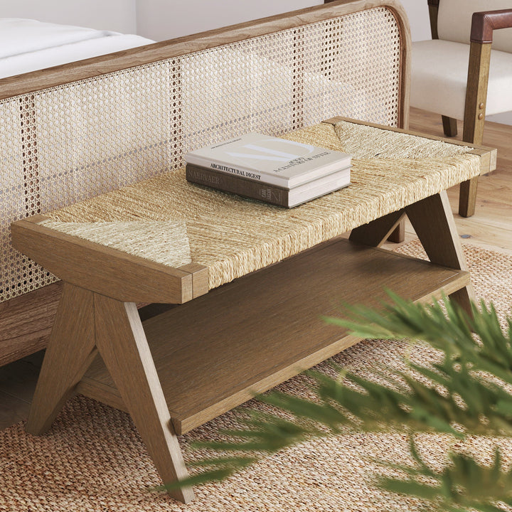Wood & Seagrass Entryway Bench with Shelf