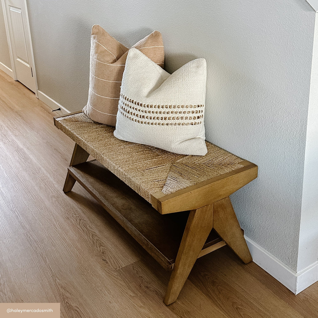 Wood & Seagrass Entryway Bench with Shelf
