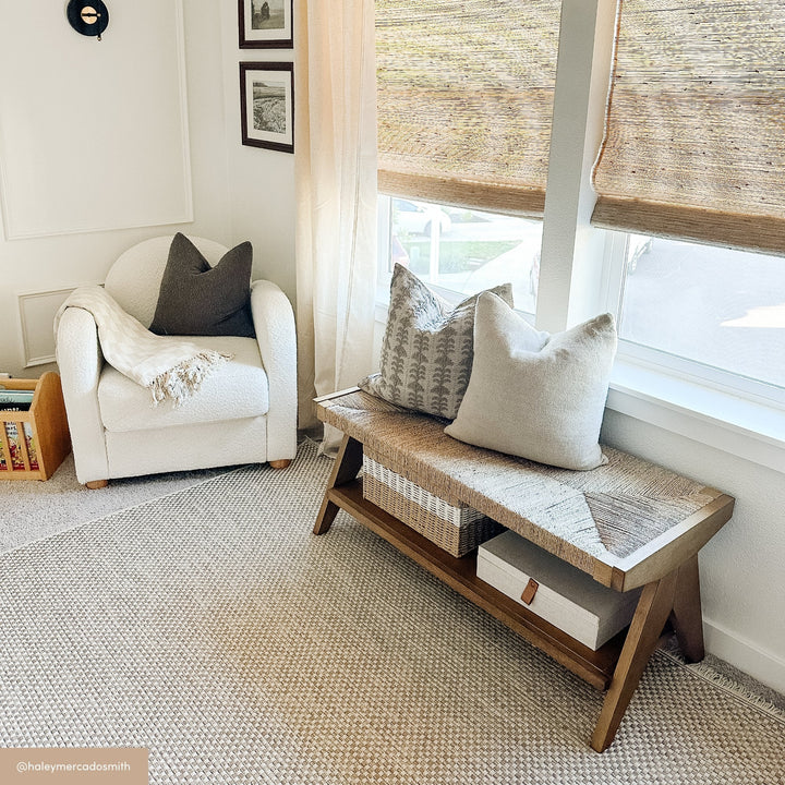Wood & Seagrass Entryway Bench with Shelf