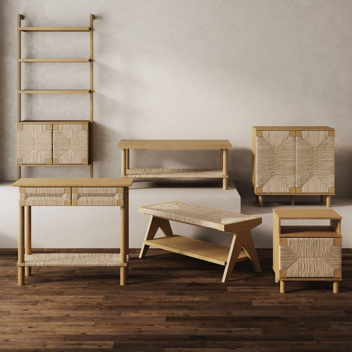 Wood & Seagrass Entryway Bench with Shelf
