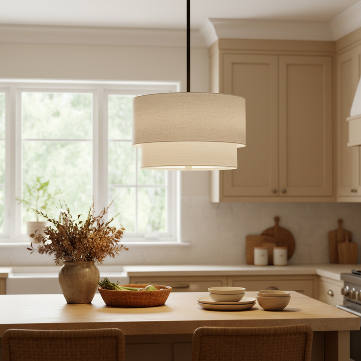 Beck Modern Fabric Natural Linen Double Drum Chandelier