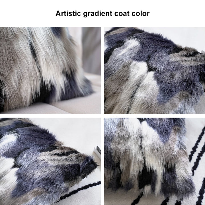 Faux Fur and Velvet Cushion Cover in Blue and Grey