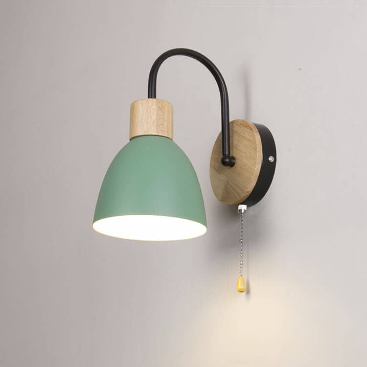 Swan-Neck Wall Light | Wood and Metal, Pull Cord, 12 Colours