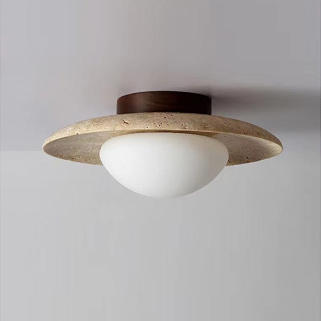 Travertine and Walnut Ceiling Light | Opal Dome, 25 cm