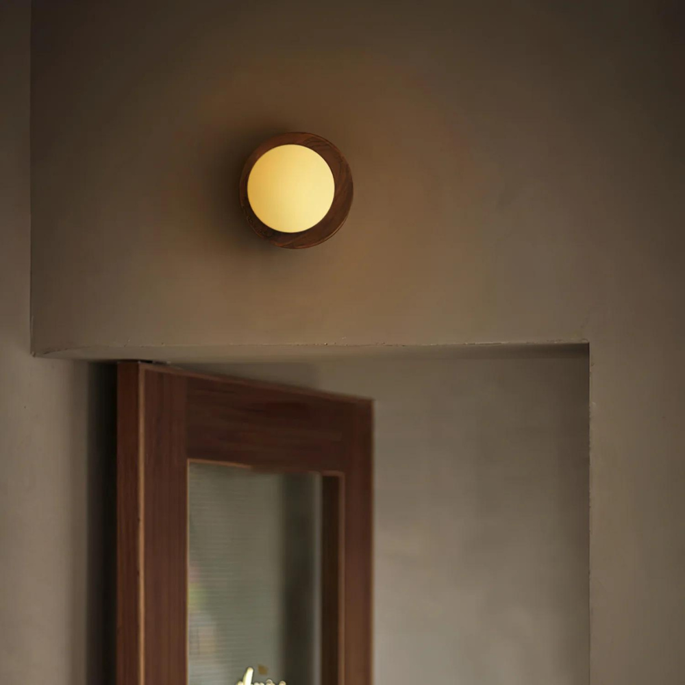 Natural Wood Wall Light with Opal Globe | Walnut or Oak Tone