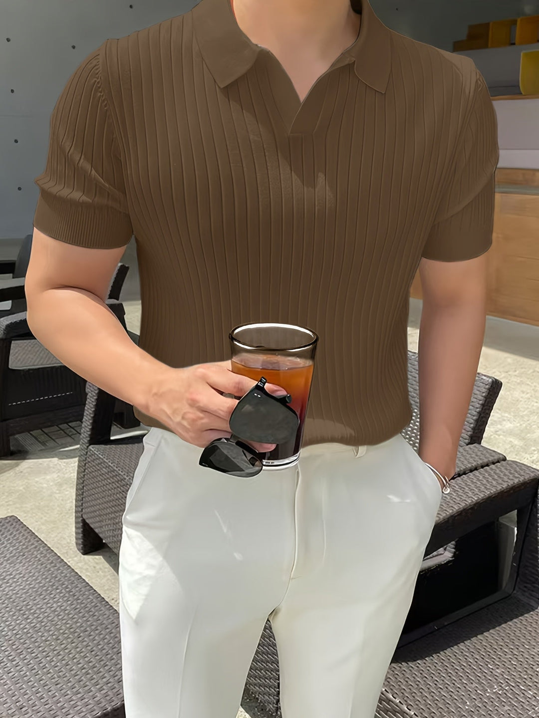 Men's Short-Sleeve Ribbed Open-Collar Summer Polo Shirt – image 9