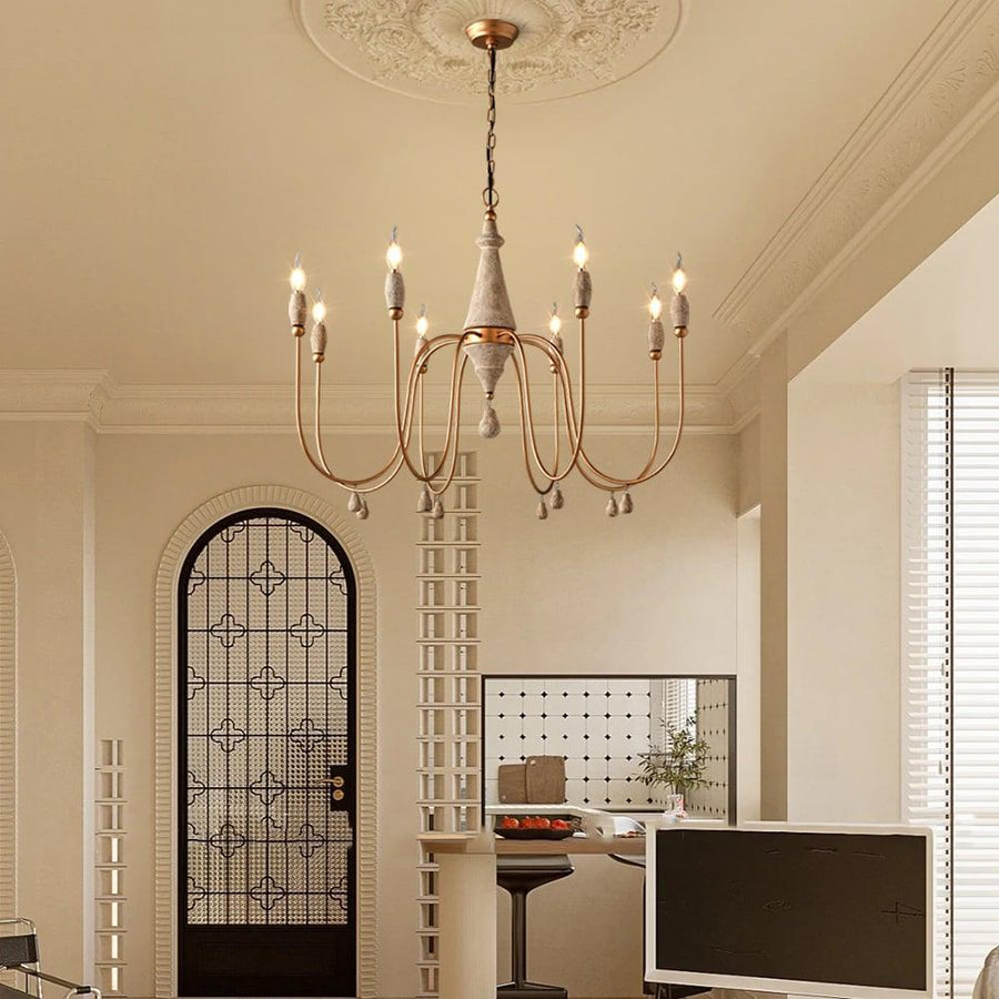 Eight-Light Candle-Style Wood and Gold Chandelier