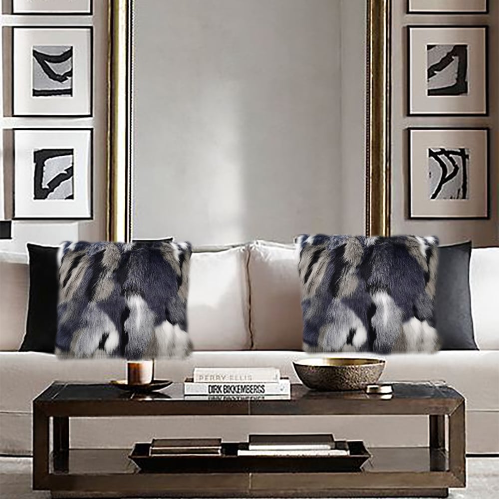 Faux Fur and Velvet Cushion Cover in Blue and Grey