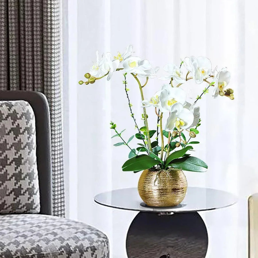 Artificial White Orchids in Gold Ceramic Pots