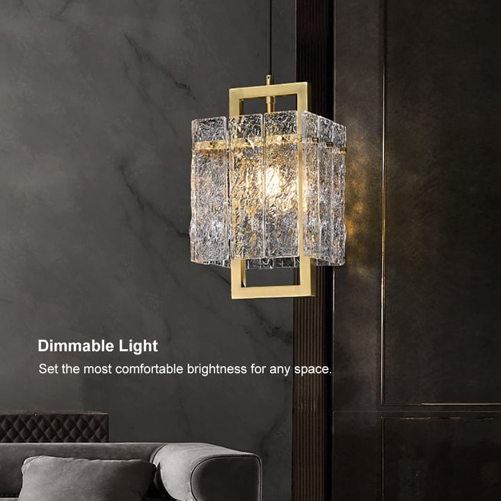 Brass Geometric Pendant Light with Water-Ripple Glass