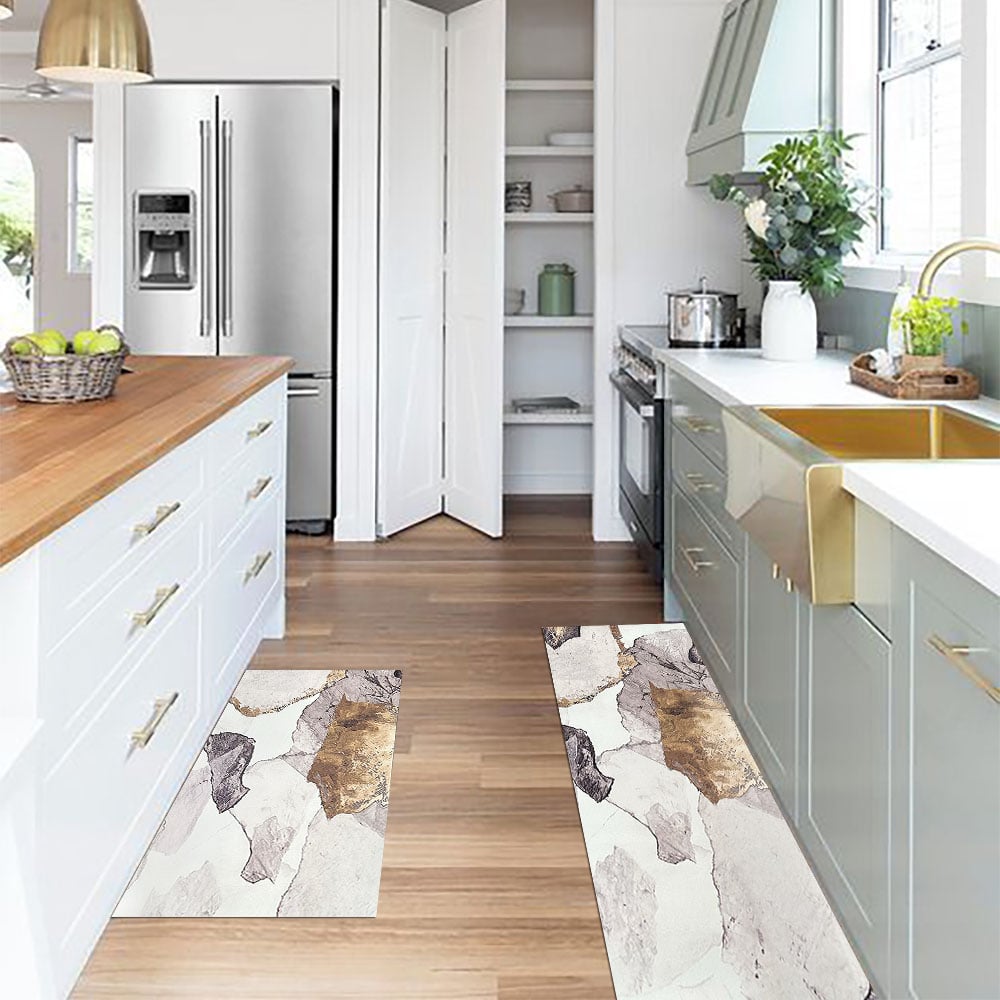 Gold Abstract Non-Slip Kitchen Runner Mats, Set of 2
