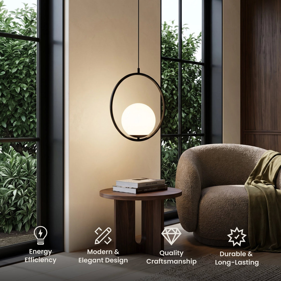 Opal Globe and Ring Pendant Light | Brass or Black