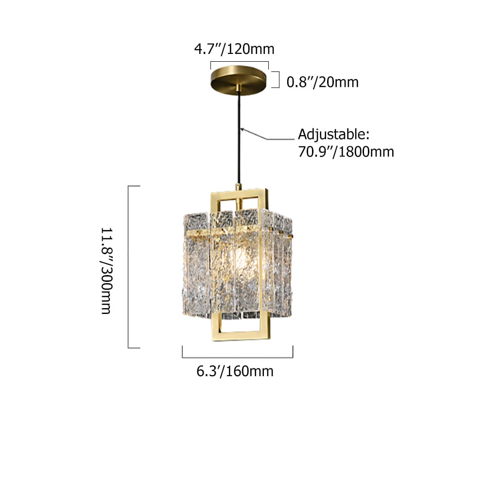 Brass Geometric Pendant Light with Water-Ripple Glass