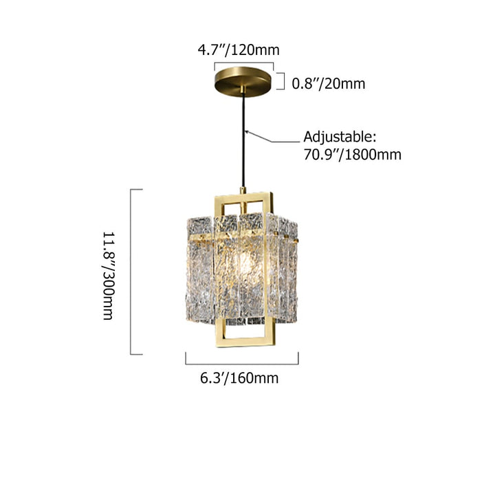 Brass Geometric Pendant Light with Water-Ripple Glass