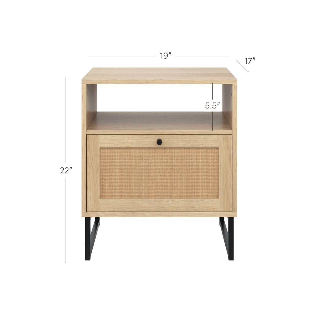 Rattan & Wood Storage Nightstand Light Oak