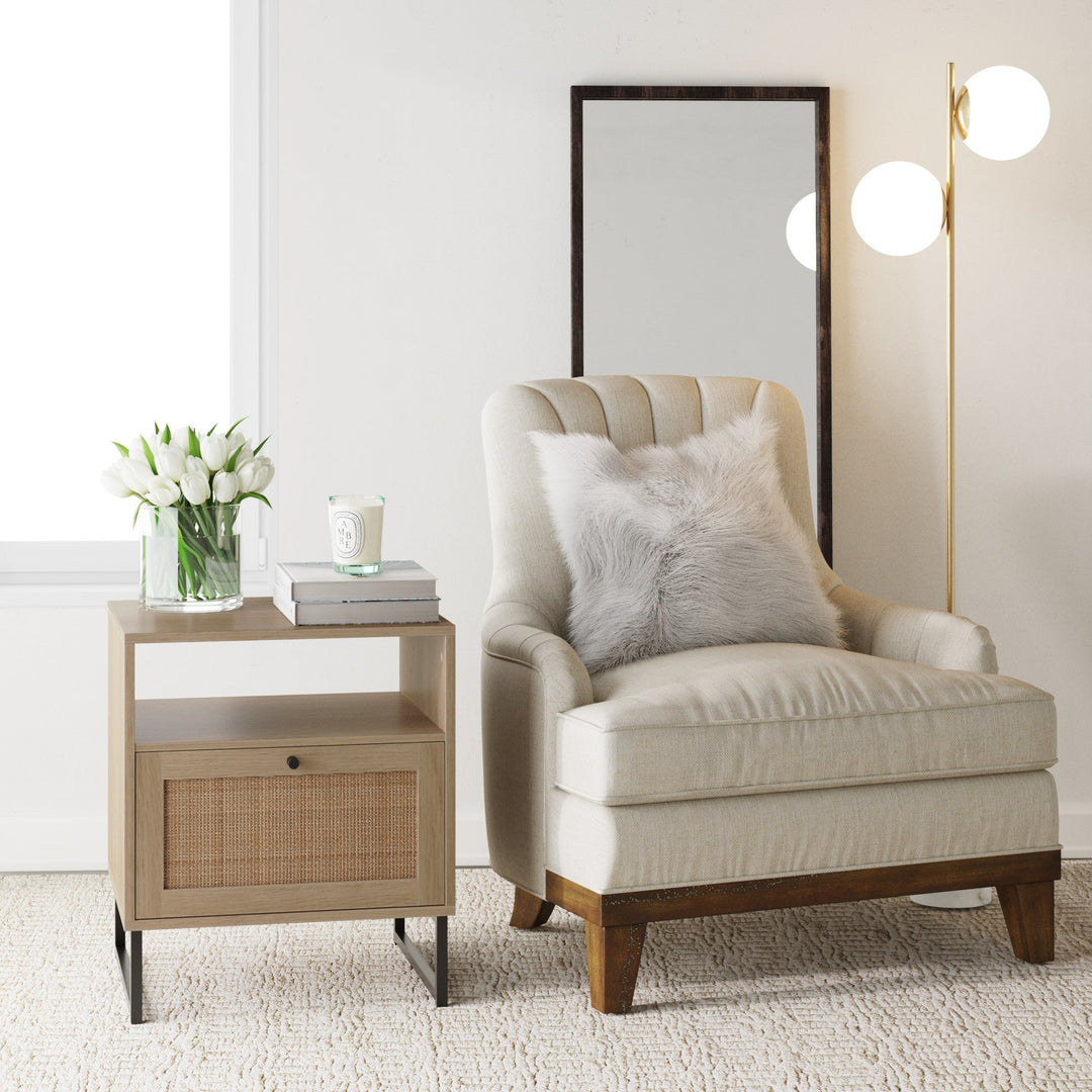 Rattan & Wood Storage Nightstands Oak (Set of 2)
