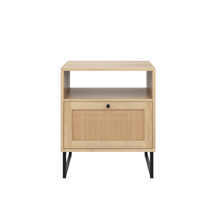 Rattan & Wood Storage Nightstands Oak (Set of 2)