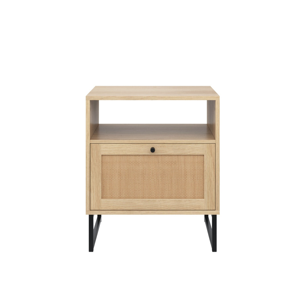 Rattan & Wood Storage Nightstand Light Oak