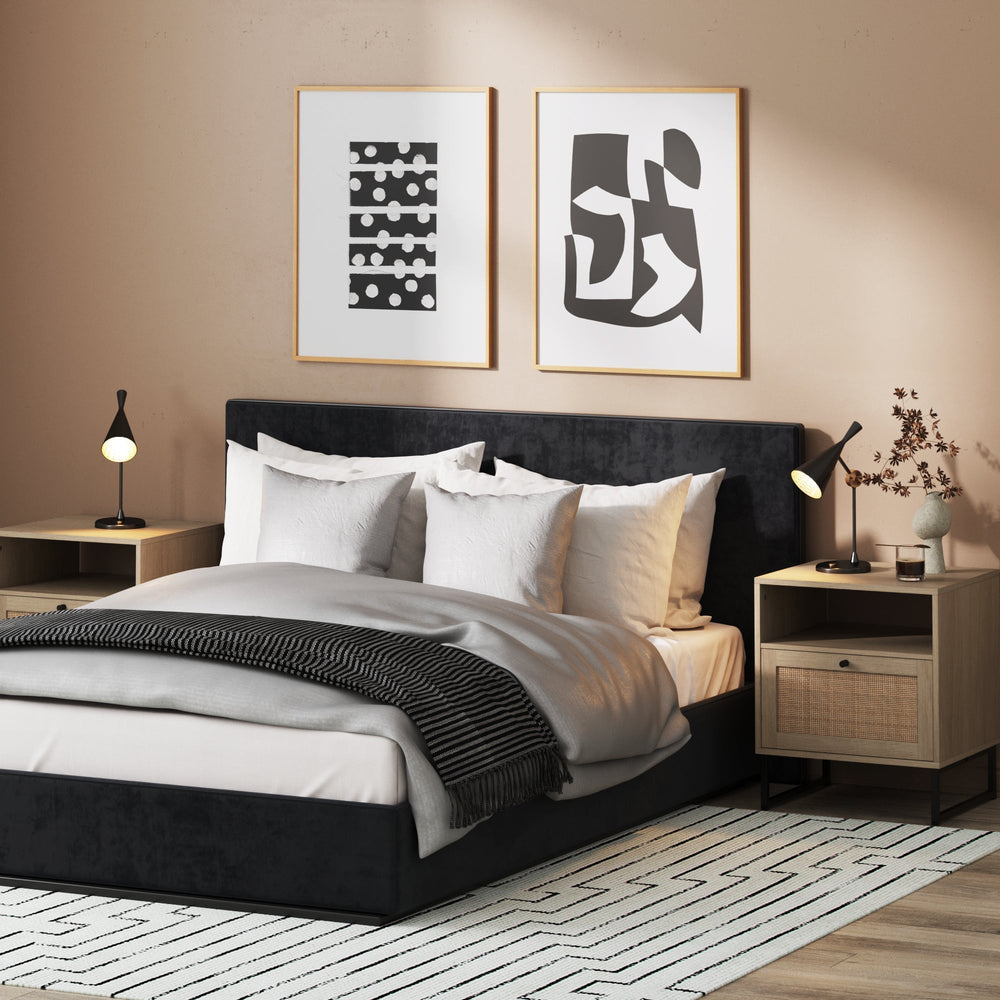 Rattan & Wood Storage Nightstands Oak (Set of 2)