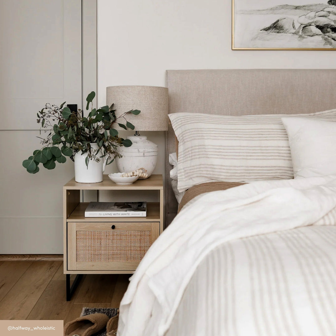 Rattan & Wood Storage Nightstand Light Oak