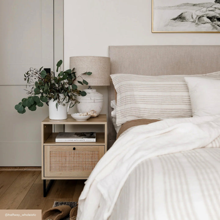 Rattan & Wood Storage Nightstand Light Oak