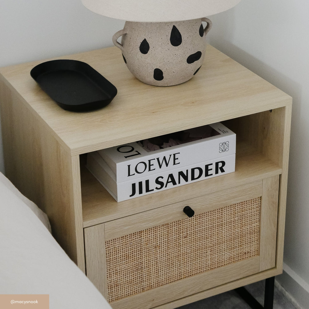 Rattan & Wood Storage Nightstand Light Oak