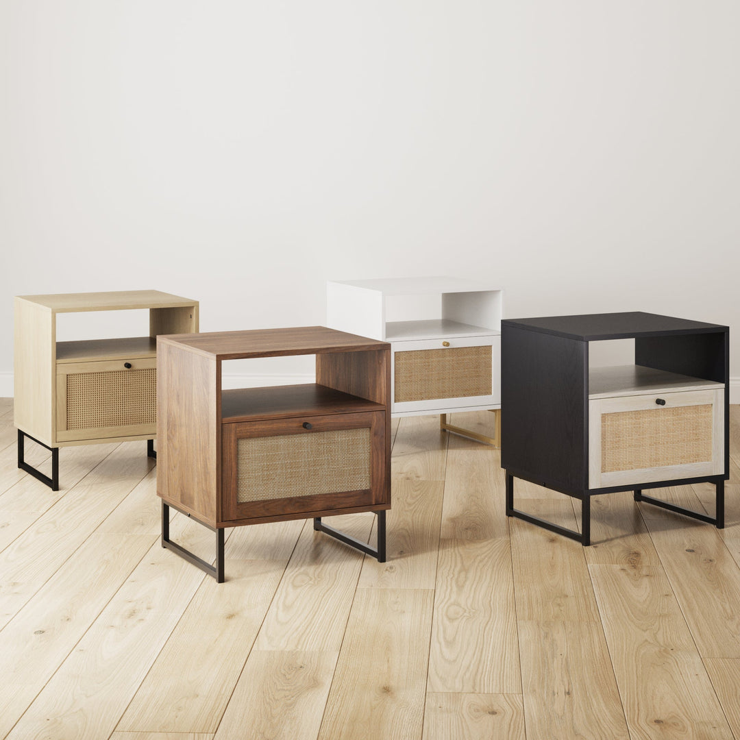 Rattan & Wood Storage Nightstands Oak (Set of 2)