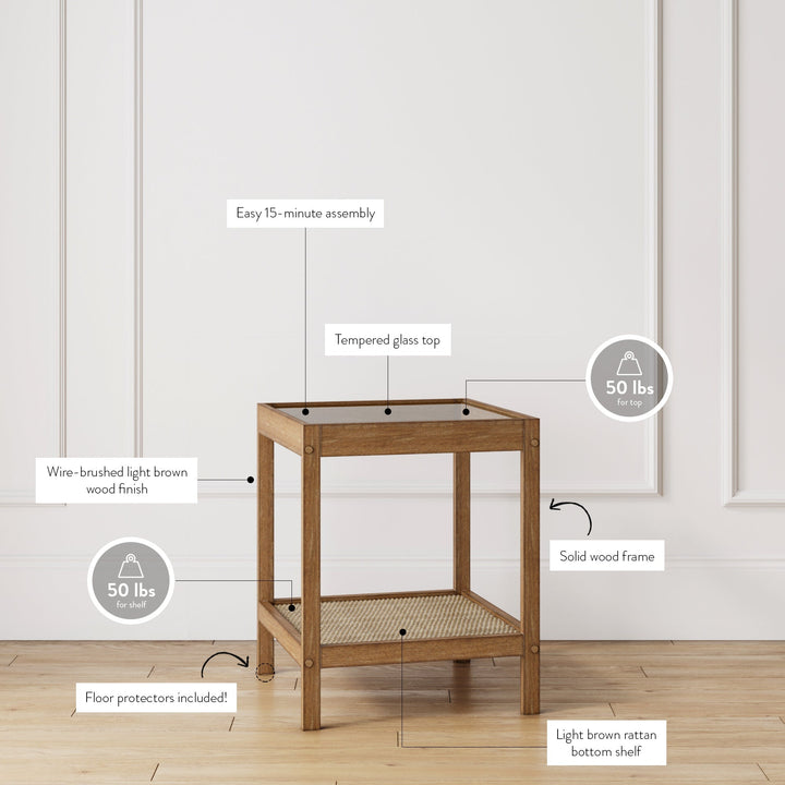 Solid Wood, Rattan & Glass Top End Table
